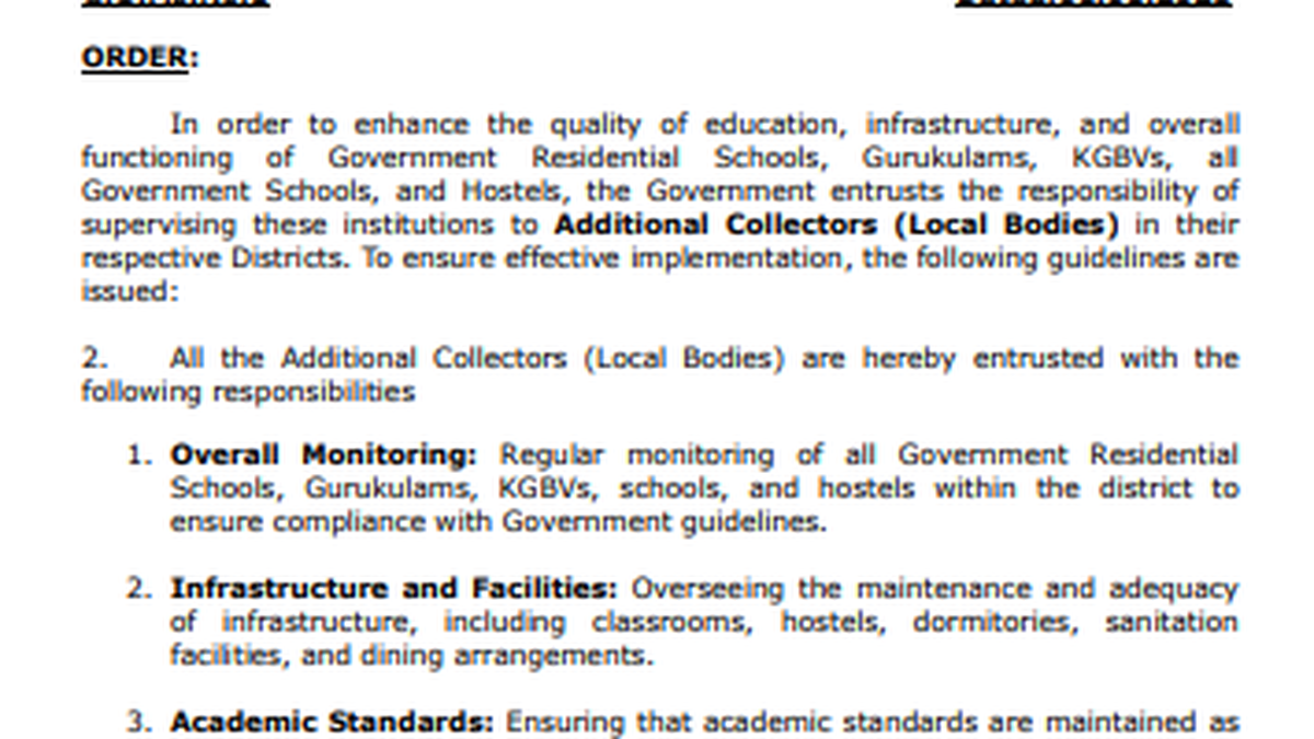 Additional Collectors to supervise quality of education and infra at Telangana Govt educational institutions